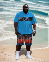 Big Men's Hawaiian Gradient Fashion Color Block Coconut Tree Printed Short Sleeve Shirt Shorts Set