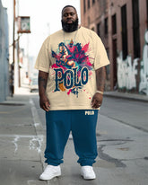 Men's Big and Tall Street Fashion Polo Letter Khaki Knight Print T-Shirt Trousers Set