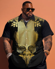 Big Men's Ethnic Pattern Printed Short Sleeve Shirt And Shorts Set