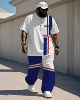 Men's Plus Size Blue And Red Stripe Colorblock Alphabet Print Henry Collar T-Shirt Trousers Suit