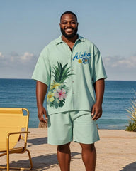 Big & Tall Men's Hawaiian Green Floral Alphabet Print Shirt Shorts Suit