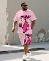 Men's Plus Size Pink Cartoon Animal Drinking Milk Tea Printed Short-sleeved T-shirt Shorts Suit