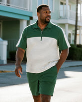 Big & Tall Men's Business Green Patchwork Stripe Printed Short Sleeve Zipper Polo Shirt Shorts Suit