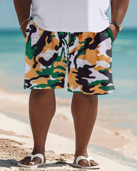 Men's Plus Size Hawaiian Camo Coconut Print Polo Shorts Suit