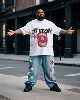 Plus Size Men's Personalized Mouth Printed T-Shirt Denim Pants Suit