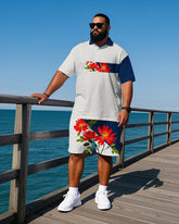 Big Men's Gentlemen Romantic Floral Stripe Printed Casual Short Sleeve Polo Shirt Shorts Set
