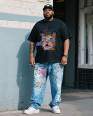 Plus Size Men's Cat Print T-Shirt Splash Ink Pants Denim Suit
