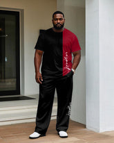 Big Men's Black Colorblock Slogan Printed Short-sleeved T-shirt Trousers Set