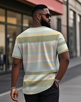 Men's Plus Size Daily Casual Green Stripe Colorblock Print Henry Collar Button Short Sleeve T-Shirt