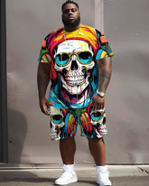 Big Men's Street Fashion Colorful Graffiti Skull Print T-Shirt Shorts Set