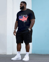 Big & Tall Men's Original Creative Map Flag Print T-Shirt Independence Day Crewneck T-Shirt Shorts Suit