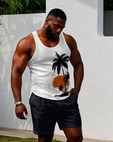 Men's Plus Size Coconut Tree Sun Print Hawaiian Tank Shorts Suit