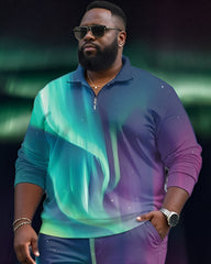 Men's Plus Size Aurora Borealis Long Sleeve Polo Shirt and Pants Set