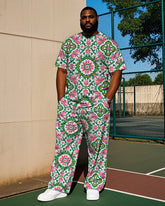 Men's Casual Vintage Floral Folk Printed Big & Tall Short Sleeve T-shirt Pants 2-piece Set