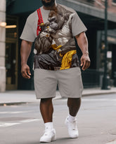 Men's Fun Cartoon Soldier Gorillas Print Big & Tall Short-Sleeve T-shirt & Short Set