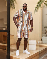 Big Man's Confident Daily Casual/Holiday Vacation Diamond Color Block Printed Short Sleeve Shirt Shorts Suit