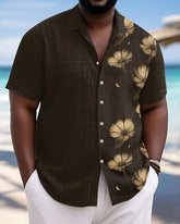 Men's Plus Size Hawaiian Brown Floral Print Short Sleeve Slub Shirt