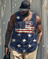 Big & Tall Men's Independence Day Blue Star Flag Print Round Neck Sleeveless Vest