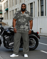 Men's Plus Size Gray Fashion Camouflage Short Sleeve Shirt Trousers Suit