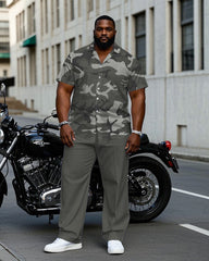 Men's Plus Size Gray Fashion Camouflage Short Sleeve Shirt Trousers Suit