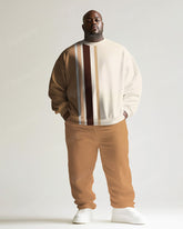 Big Guys Simple Khaki Stripe Print Round Neck Sweatshirt Set