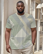 Men's Plus Size Casual Daily Green Contrast Striped Print Henley Collar Button Short Sleeve T-Shirt