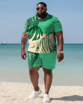 Men's Plus Size Hawaiian Art Coconut Color Block Polo Shirt and Shorts Two-Piece Set