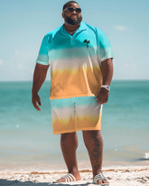 Big & Tall Men's Beach Gradient Coconut Tree Polo Shirt and Shorts Set