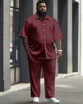 Men's Plus Size All-match Solid Color Burgundy Red Short-sleeved Shirt Trousers Suit