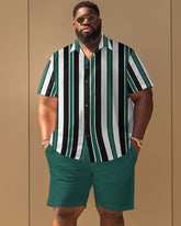 Men's Plus Size Casual Simple Striped Print Short Sleeve Shirt Shorts Suit