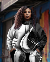Women's Plus Size 2 Piece Tracksuit Wavy Stripes Hoodie and Pants Set
