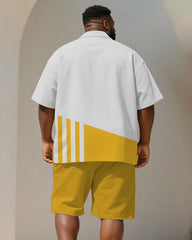 Men's Plus Size Casual Business Yellow Striped Print Shirt Shorts Suit