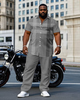 Men's Plus Size Gentleman Style Gray Jacquard Large Check Short Sleeve Shirt Trousers Suit