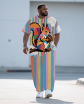 Men's Fashion Cartoon Squirrel and Stripe Printed Big and Tall Short Sleeve T-shirt Pants Set