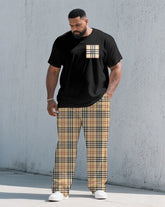 Men's Plus Size Black & Khaki Plaid Chest Pocket Printed Short-sleeved T-shirt Trousers Suit