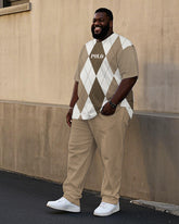 Men's Plus Size Khaki Red Brown White Diamond Plaid POLO Printed T-Shirt Trousers Suit