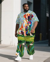 Big Guy's Animal World Cute Dog Printed Summer Short Sleeve T-shirt Pants 2-Piece Set