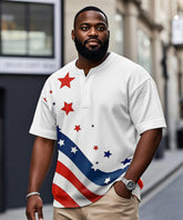Men's Plus Size Independence Day Flag Wave Print Henley Collar Button Short Sleeve Tee