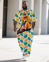 Big Men's Animal World Cool Monkey Printed Casual Summer Short Sleeve T-shirt Pants Set