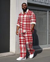 Men's Big Size Daily Casual Classic Simple Red Plaid Printed Long Sleeve Shirt Pants Set