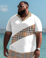 Men's Plus Size Casual Plaid Colorblock Polo Shirt and Shorts Set