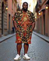 Men's Plus Size Luxury Retro Lion Head Print Casual Cuban Nare Short Sleeve Shirt Shorts Suit