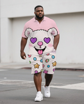 Big Men's Cute Sugar Bear Printed Casual Outdoor Short-Sleeve Polo Shirt Shorts Set