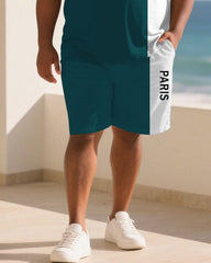Big & Tall Men Green & White Colorblock Slogan Printed Round Neck Short Sleeve T-Shirt Shorts Suit