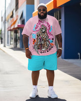 Men's Personalized Color Skull Flame Large Size Contrasting Color T-Shirt Shorts Suit