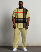 Men's Plus Size Casual Fashion Yellow Large Plaid Print Short-sleeved T-shirt Trousers Suit