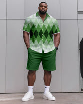 Big & Tall Men's Daily Leisure. Irregular Green Gradient Diamond Print Shirt Shorts Suit