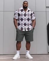 Big & Tall Men's Daily Leisure. Diamond Print Shirt Shorts Suit