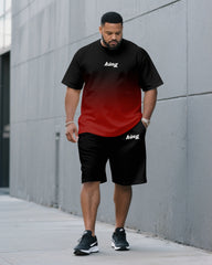 Men's Plus Size Black & Red Chest King Small Label Printed Round Neck Short Sleeve T-Shirt Shorts Suit