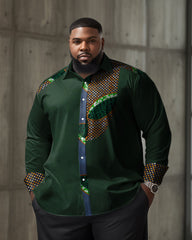 Big Men's Classic Casual Green Geometric Long Sleeve Lapel Shirt